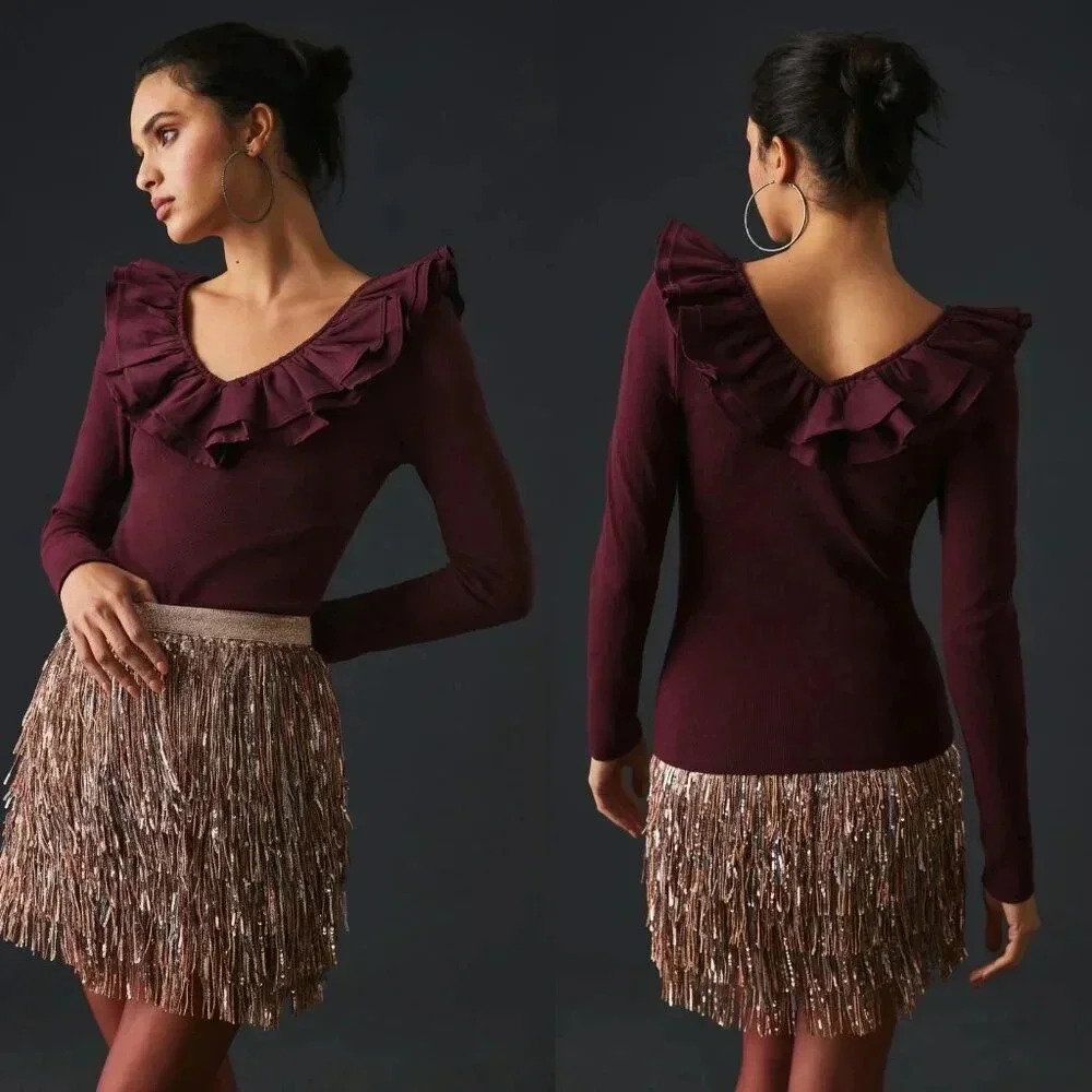 Anthropologie DOLAN Ruffled V-Neck Top in Wine Size Medium NWOT $78 - Picture 1 of 11